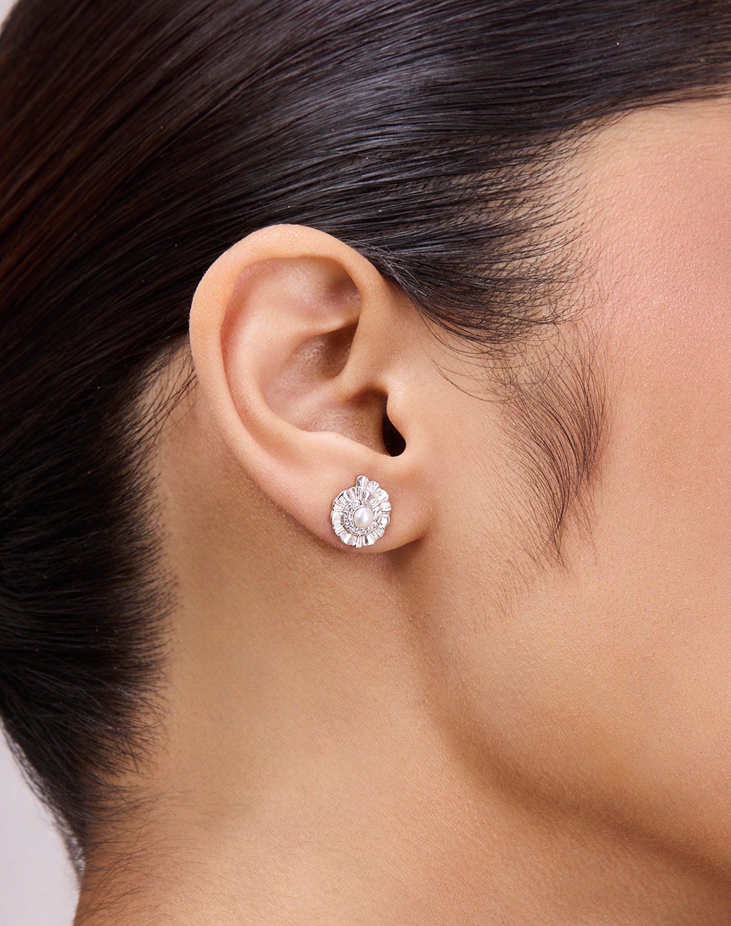 Silver Seashells Pearl Stud Earrings