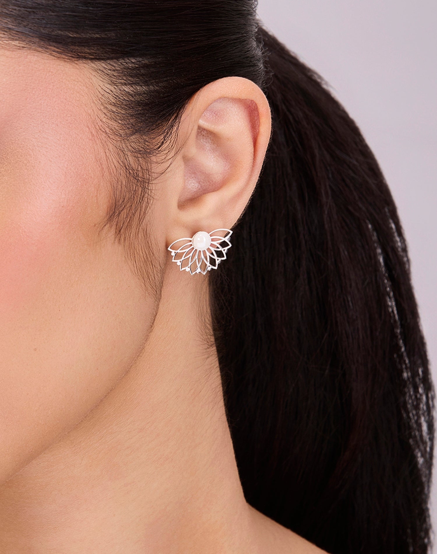 Silver Soft Petals Pearl Stud Earrings