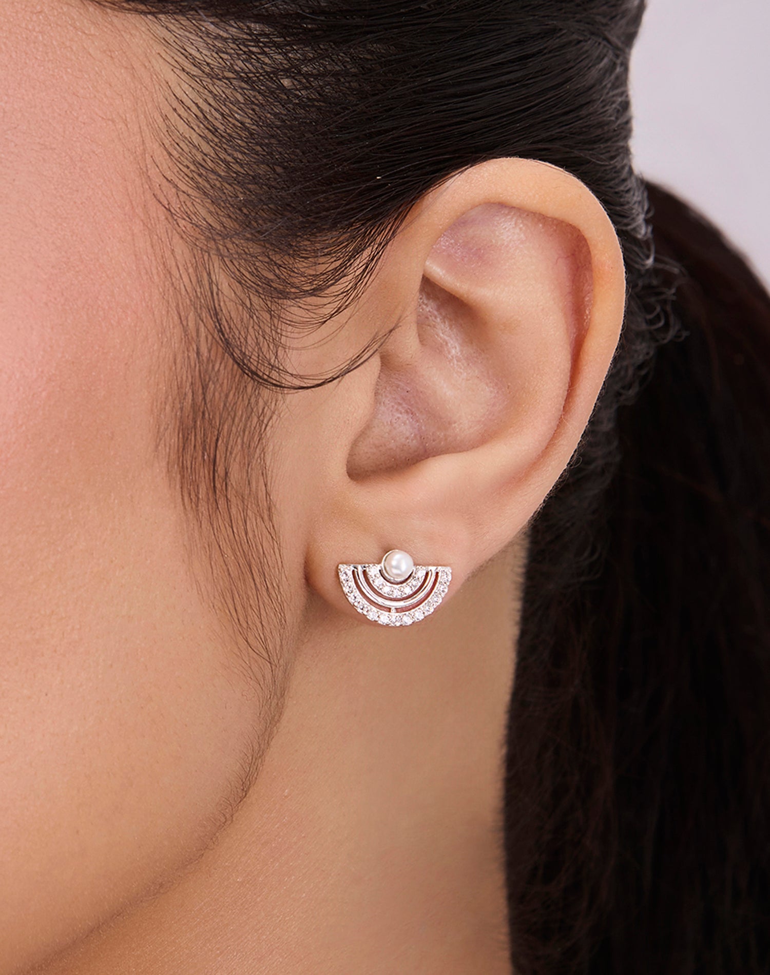 Silver Arc Pearl Stud Earrings
