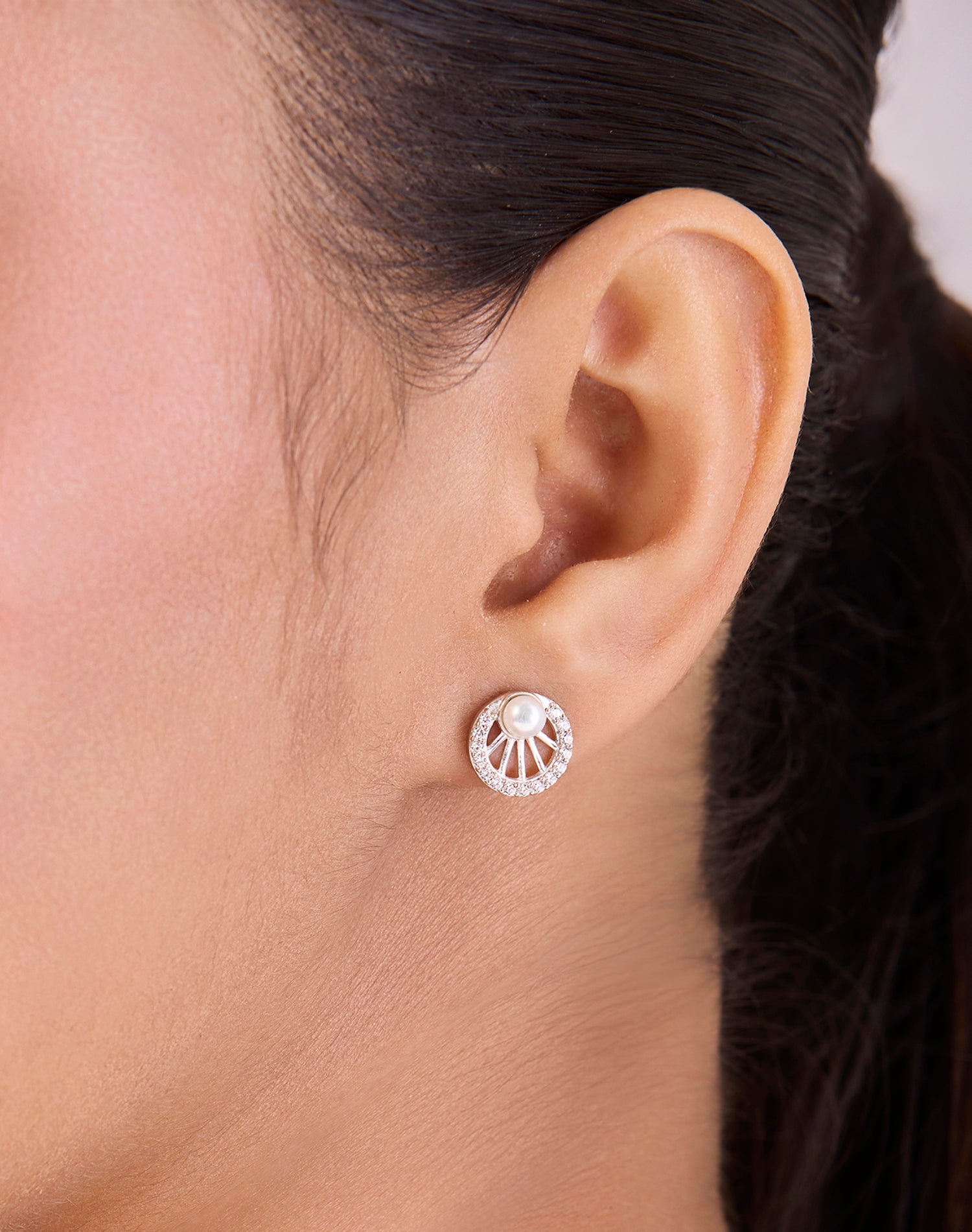 Silver Celeste Halo Pearl Stud Earrings