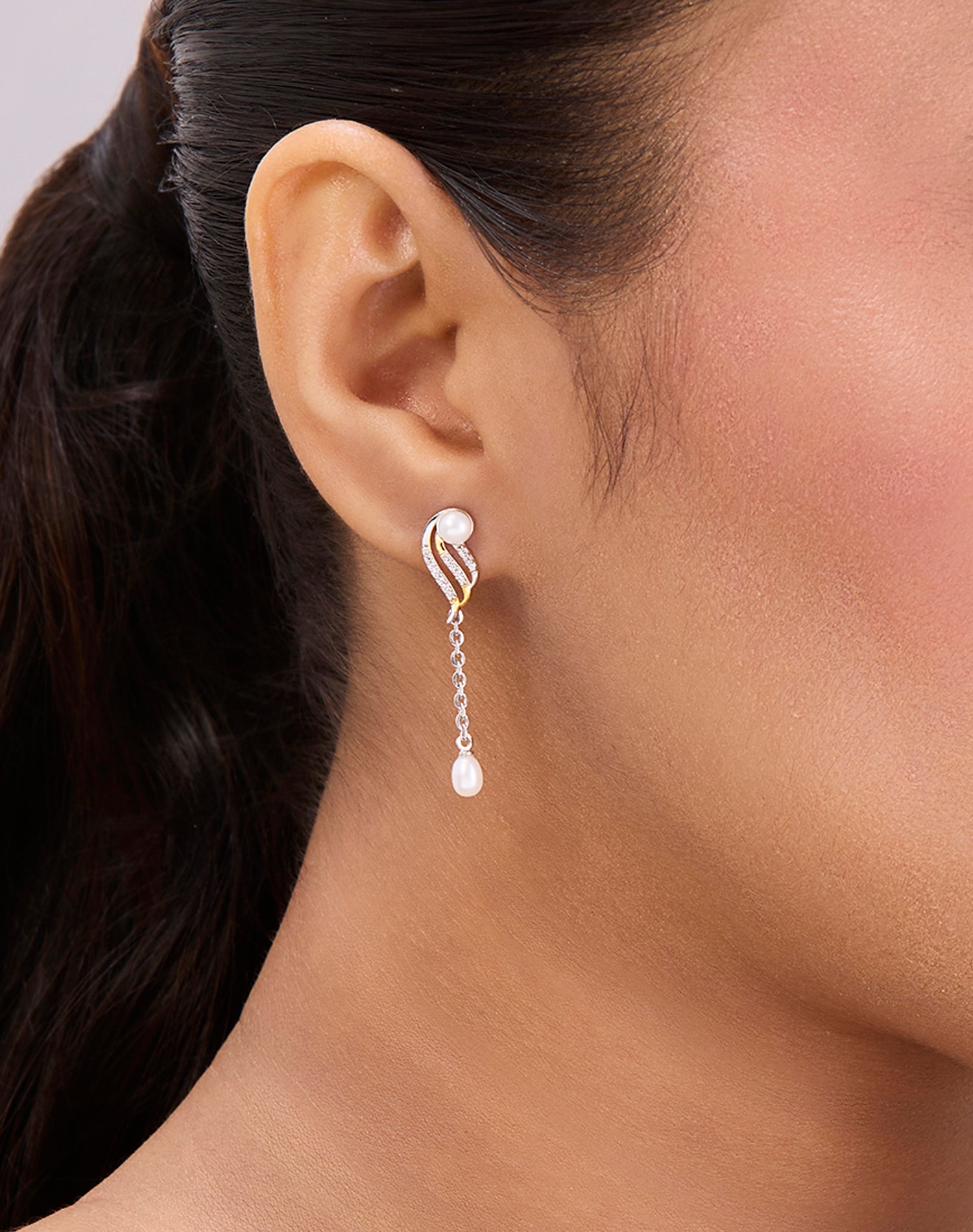 Silver Wave Drop Pearl Earrings