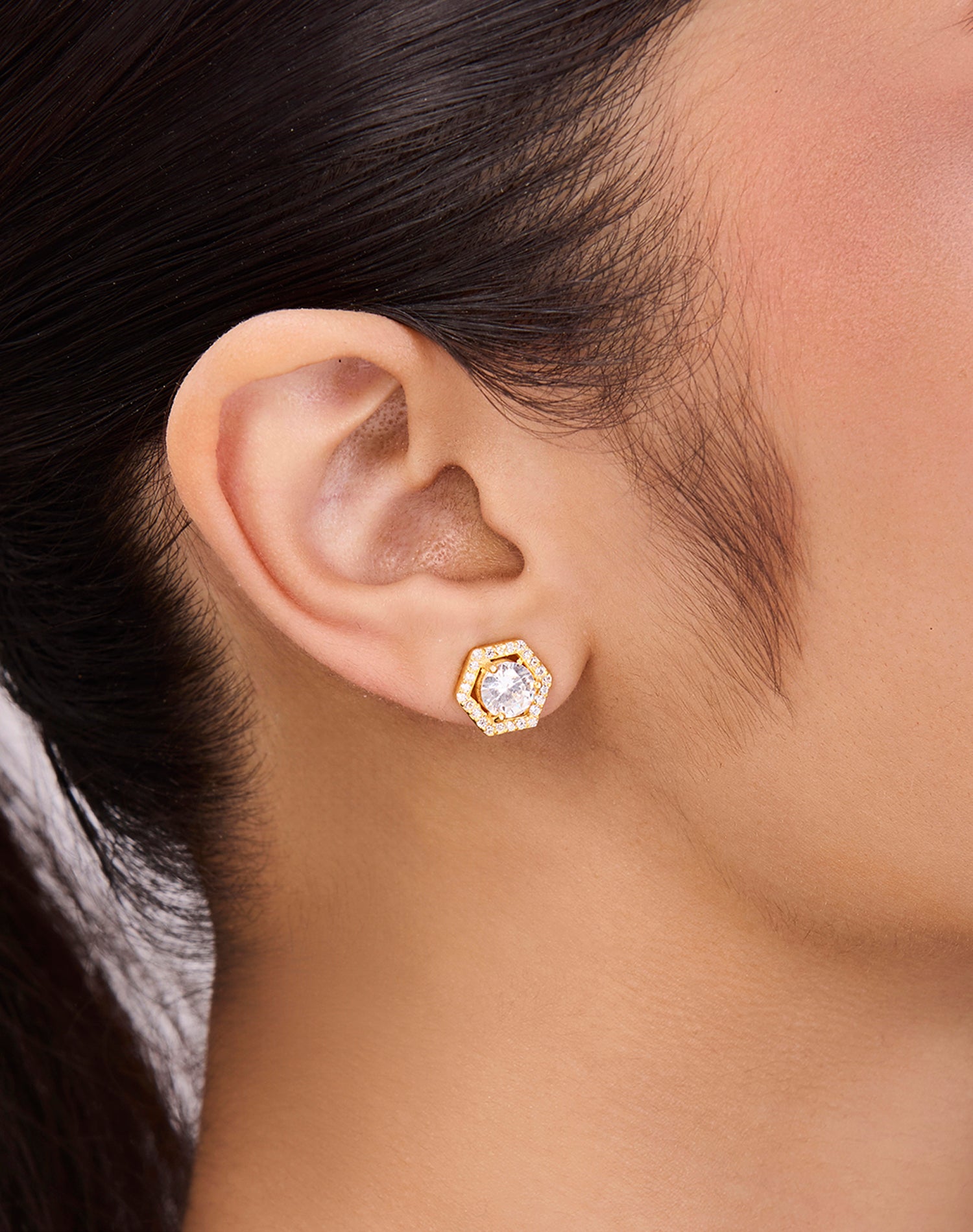 Gold Hexa Solitaire Stud Earrings