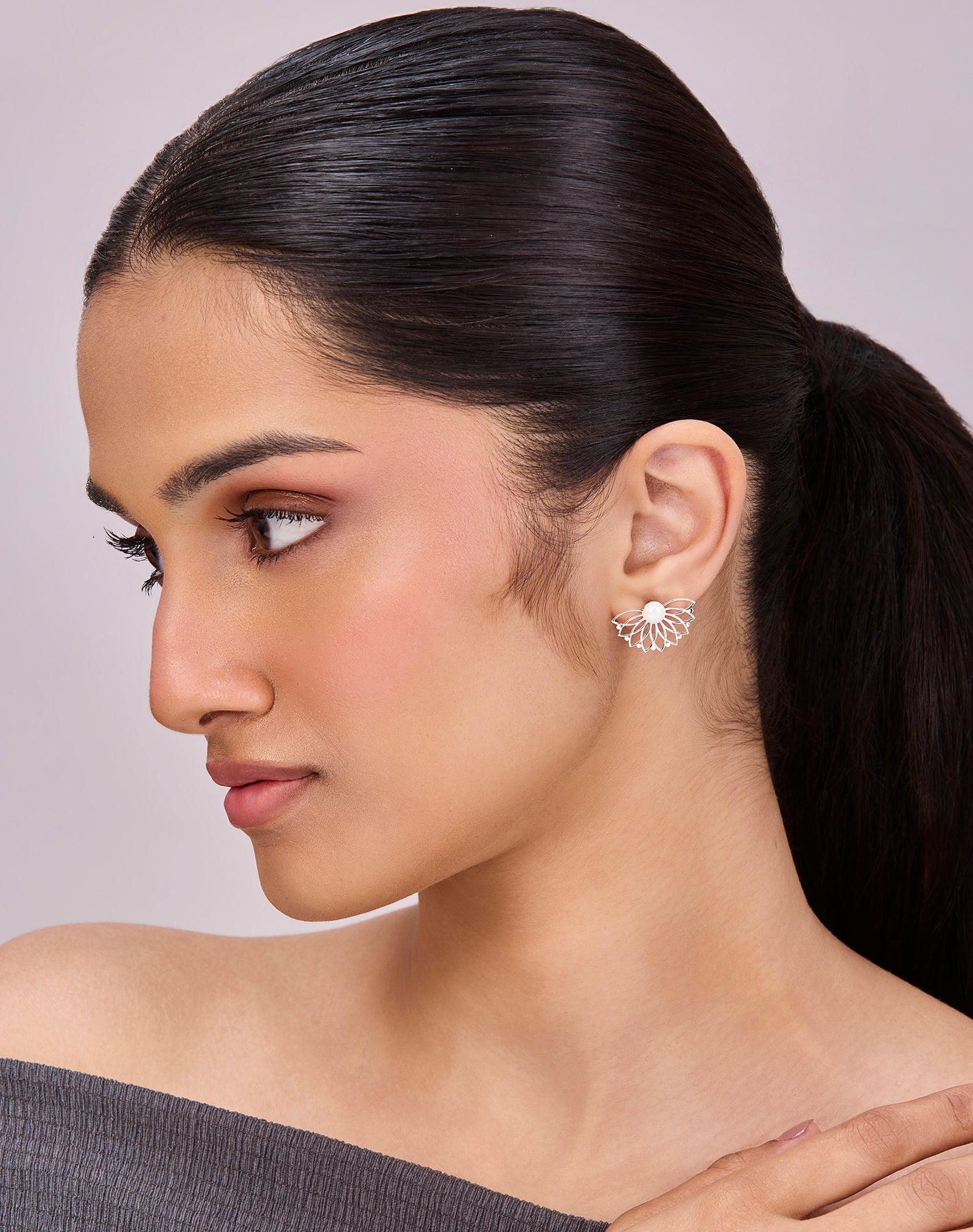 Silver Soft Petals Pearl Stud Earrings