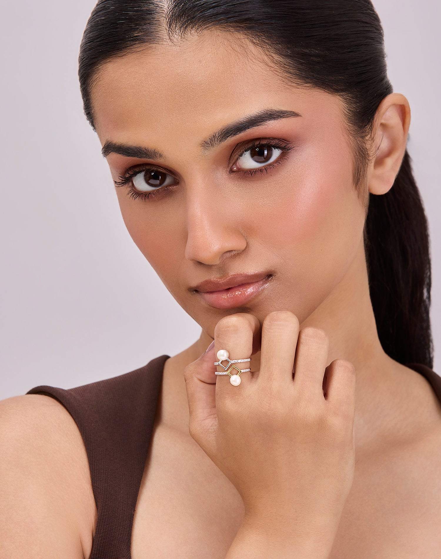 Silver Geo Twin Pearl Ring