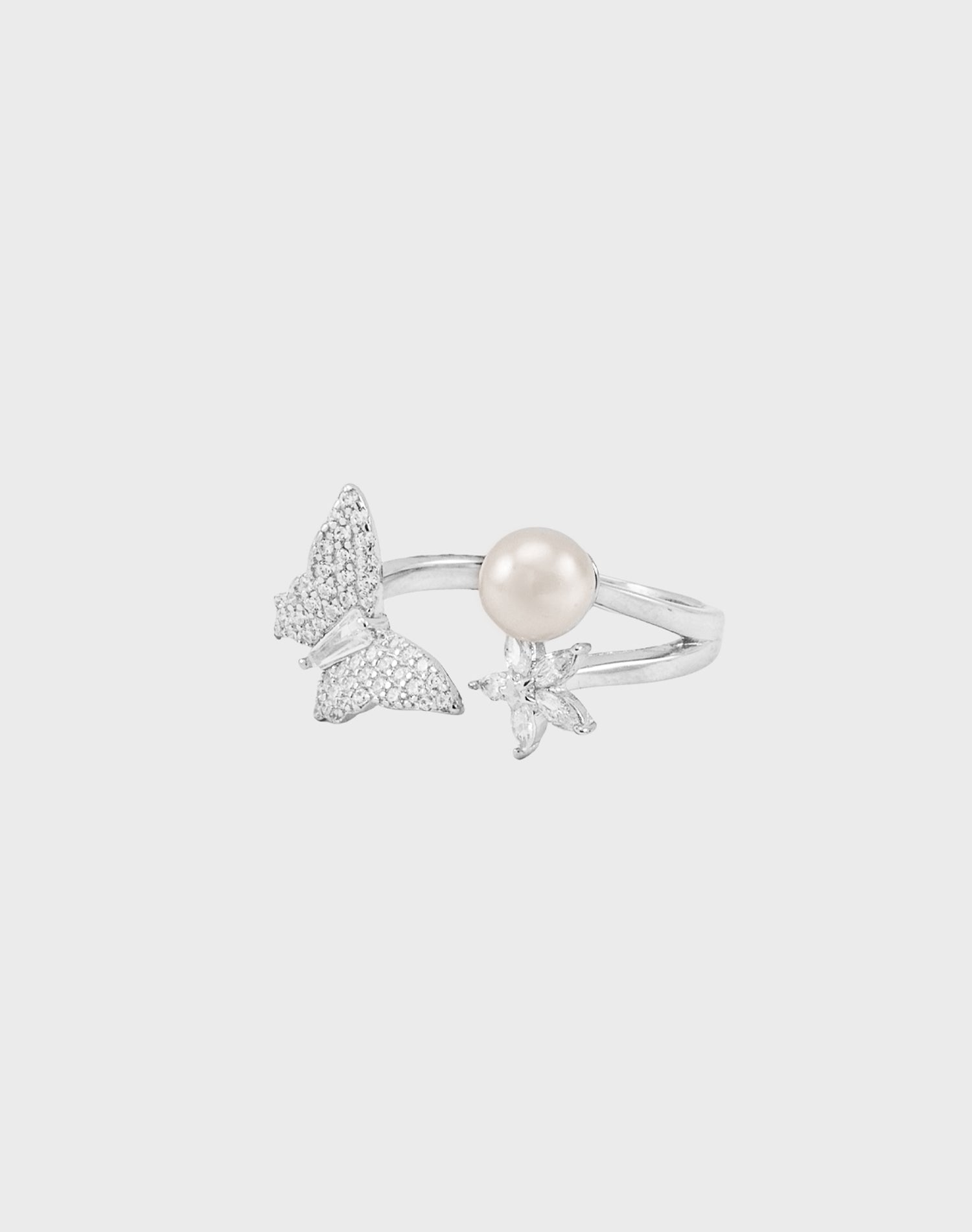 Silver Fluttering Garden Pearl Ring