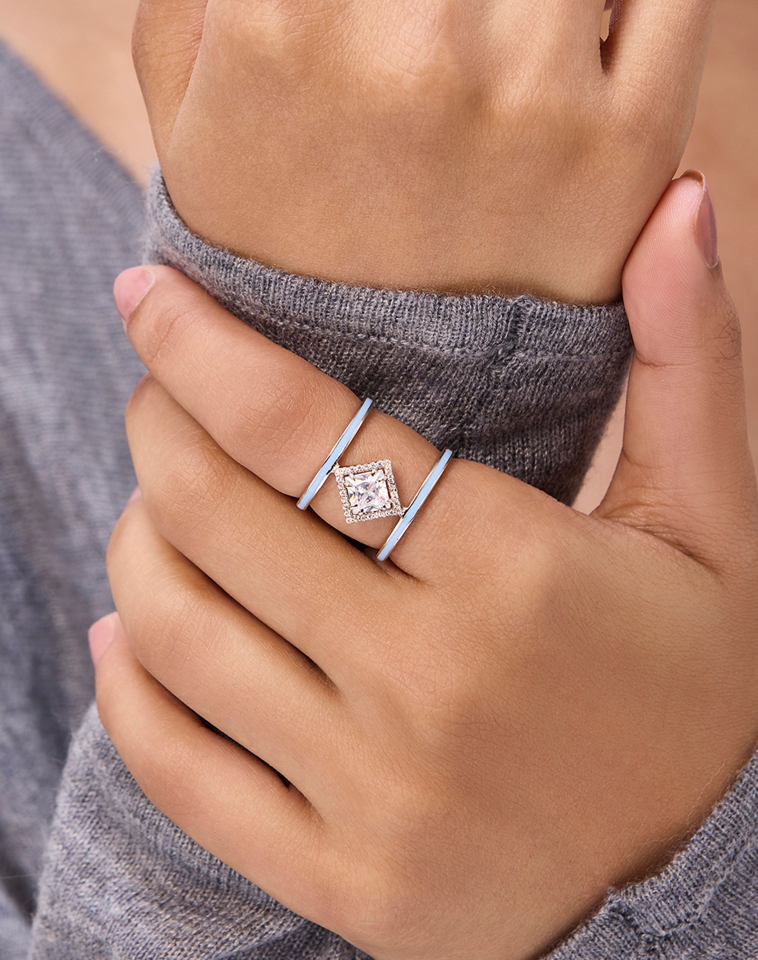 Silver Ice Cube Enamel Ring