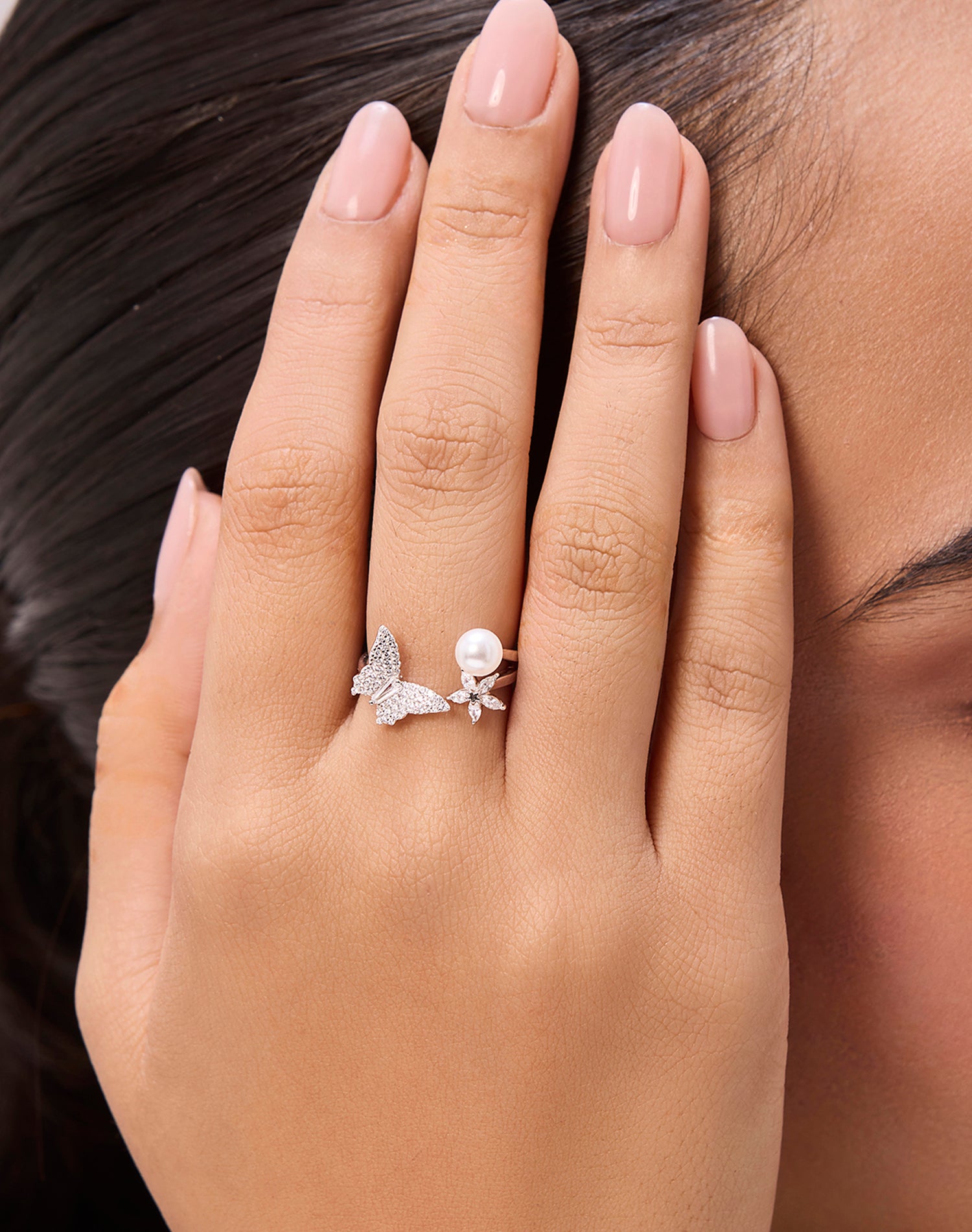 Silver Fluttering Garden Pearl Ring