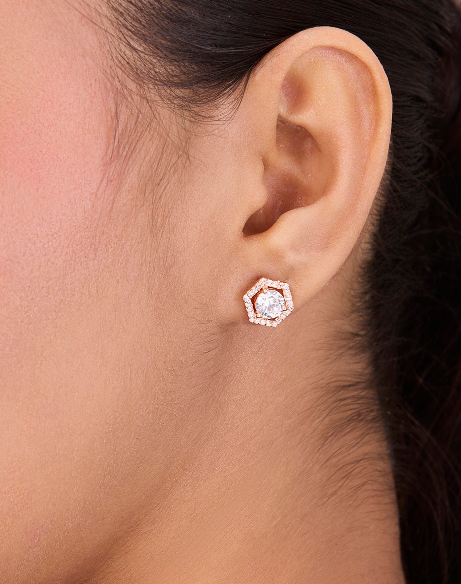 Rose Hexa Solitaire Stud Earrings