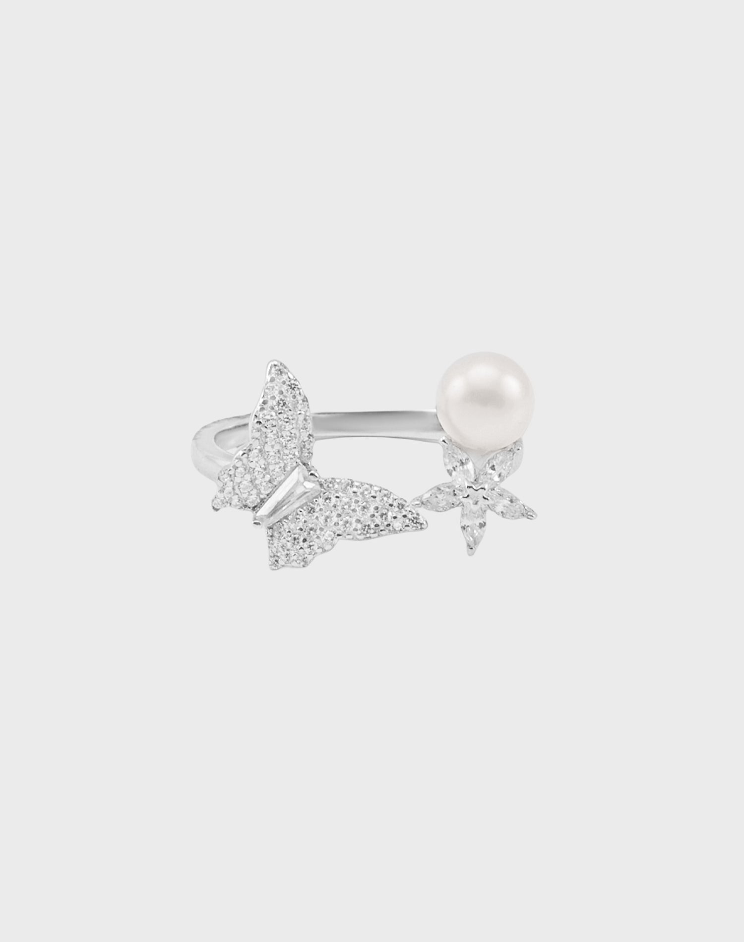 Silver Fluttering Garden Pearl Ring