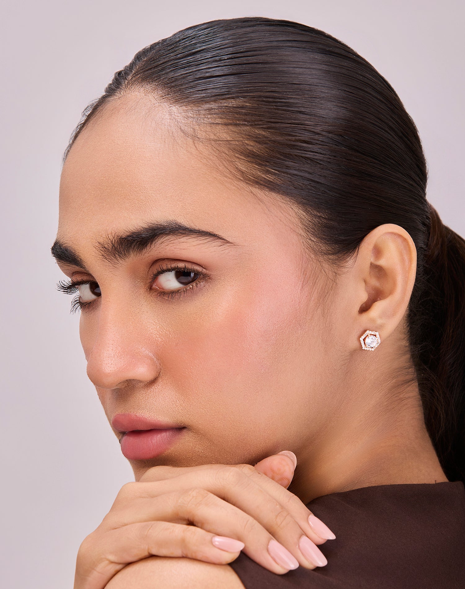 Rose Hexa Solitaire Stud Earrings
