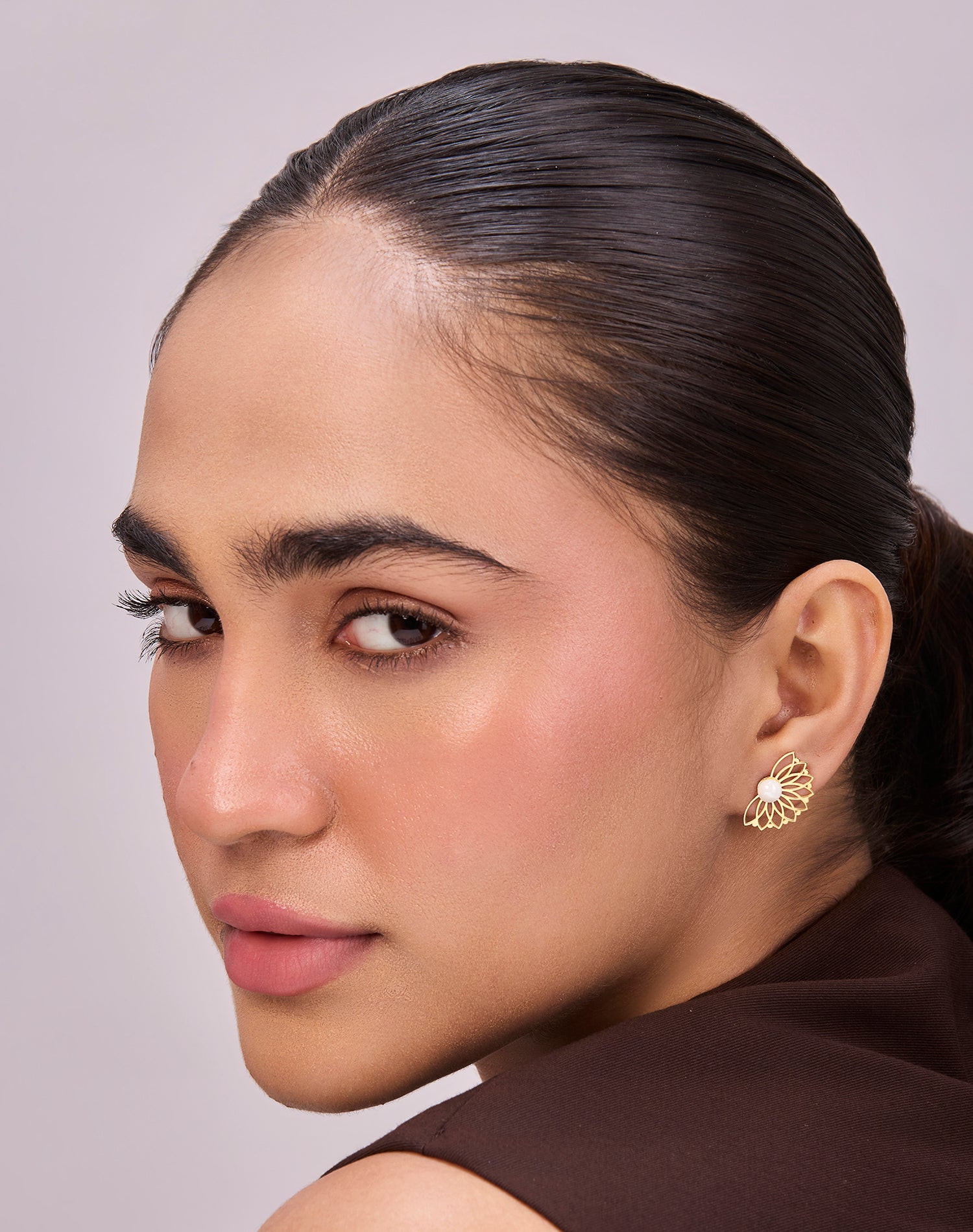Gold Soft Petals Pearl Stud Earrings