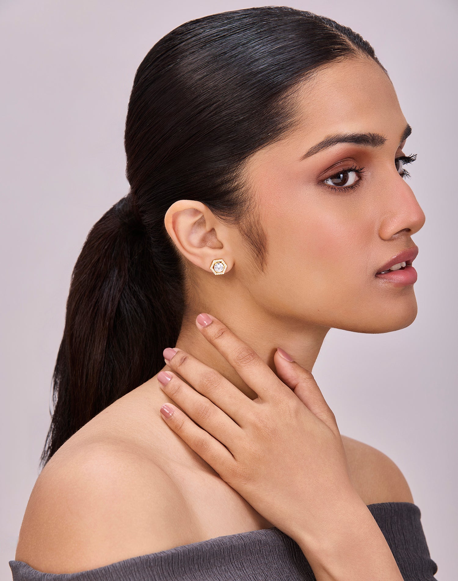 Gold Hexa Solitaire Stud Earrings