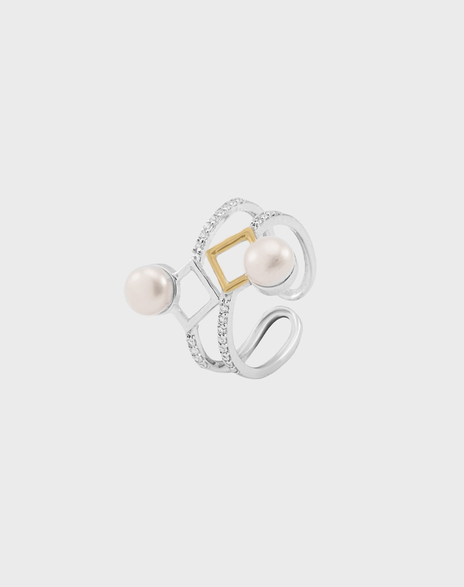 Silver Geo Twin Pearl Ring