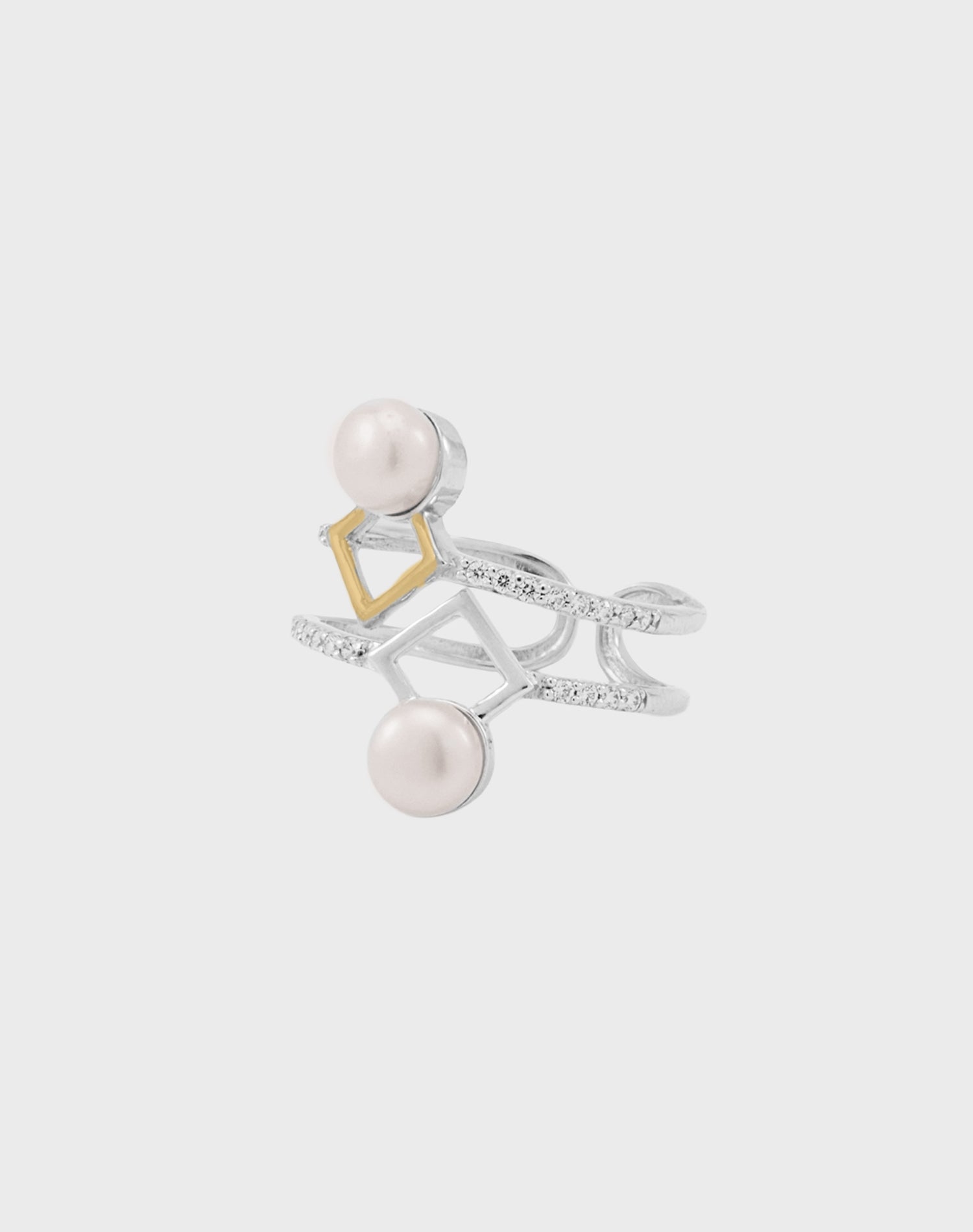Silver Geo Twin Pearl Ring
